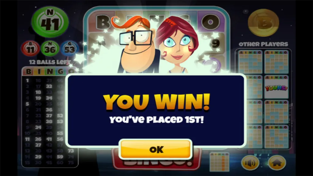 Winning screen in Bingo World showing player in first place with animated characters, 12 balls left, and celebratory graphics.