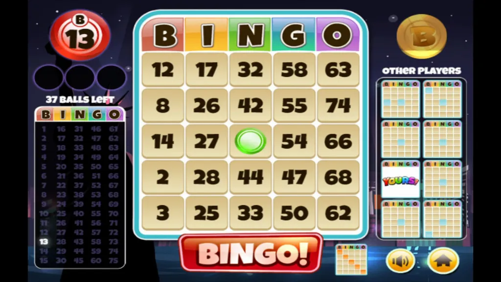 Bingo World gameplay screen showing an active bingo card, 37 balls left, drawn number B13, and leaderboard with other players' progress.