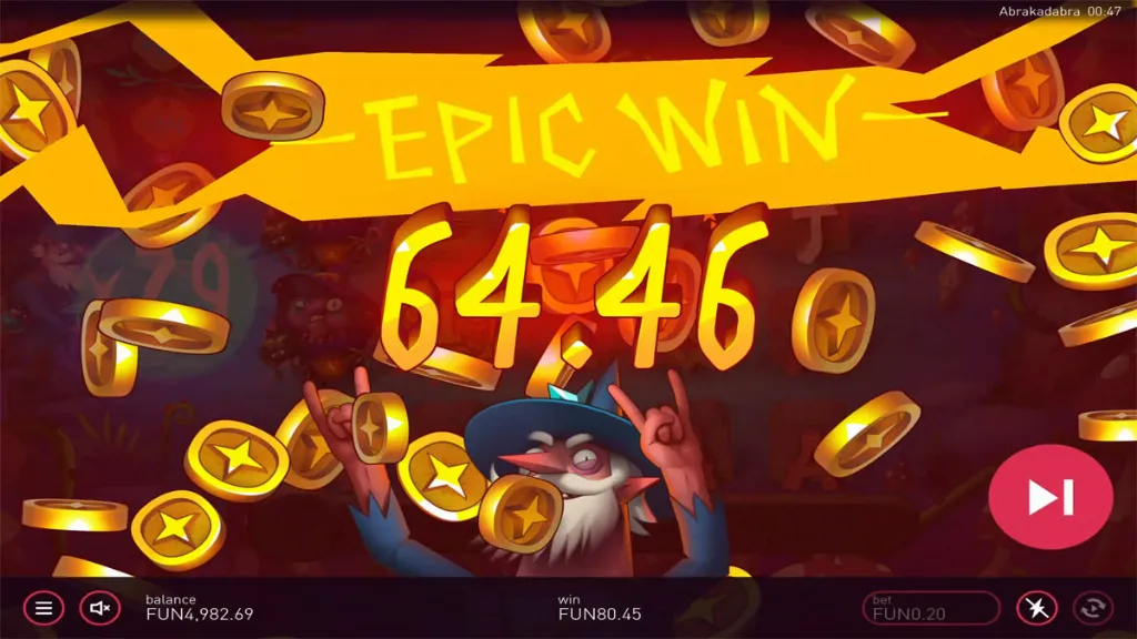 Abrakadabra slot epic win screen with animated wizard celebrating 64.46 coin win and gold coins flying across the screen
