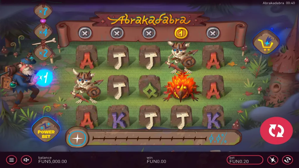 Abrakadabra online slot showing standard gameplay with enchanted forest background, runestone symbols, and power bet feature