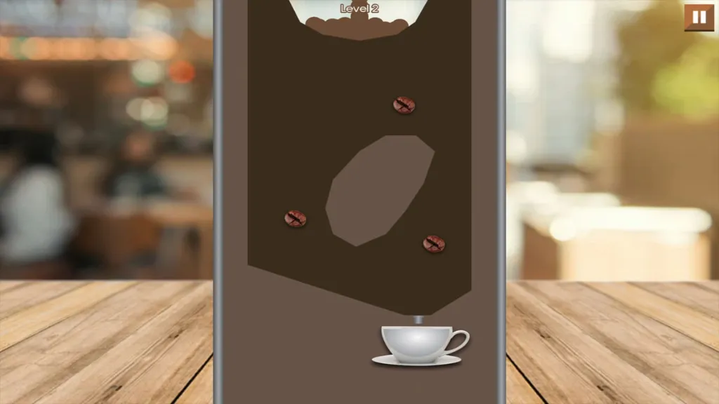 Coffee Drip gameplay level showing coffee beans falling through a brown maze into a white cup at the bottom, with café background blurred behind the phone interface.