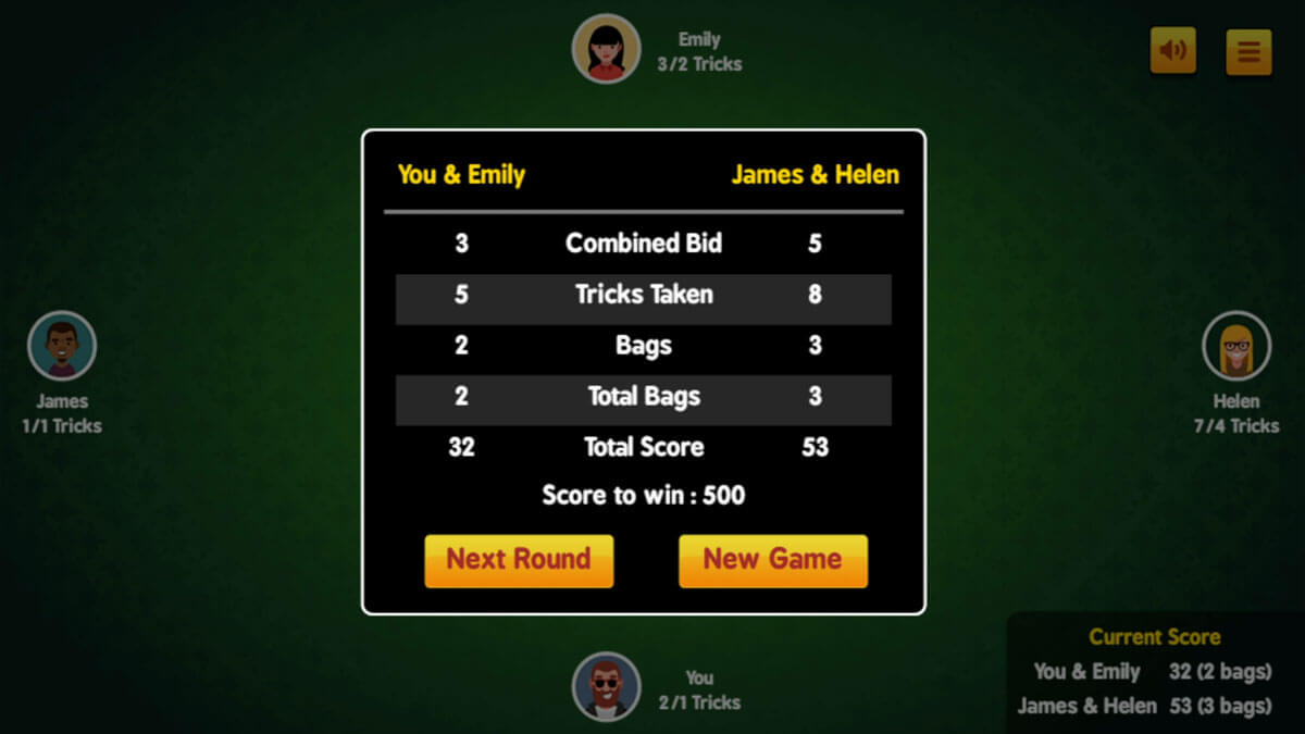 Screenshot of my final score on Spades
