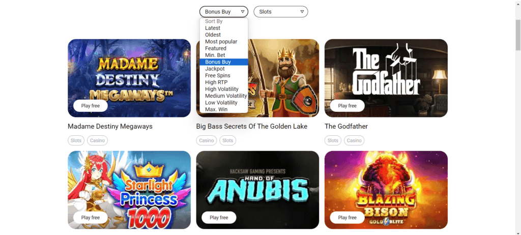 Screenshot of the bonus buy slots on Gamesville