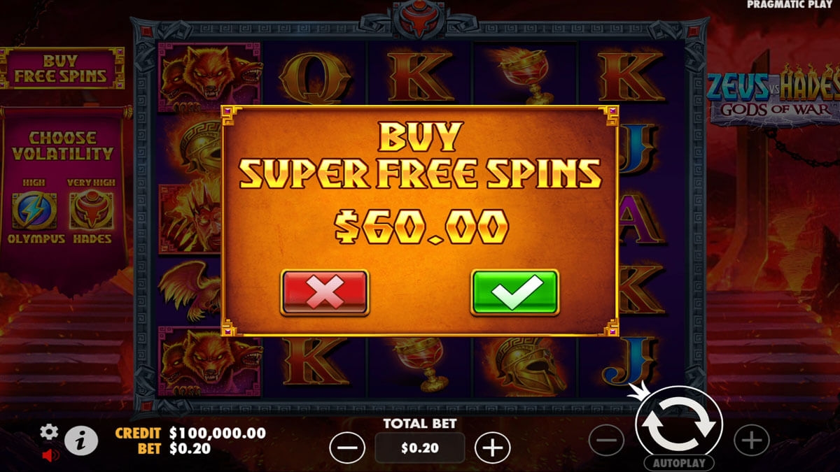 Screenshot of the Buy Bonus option on the Zeus Vs Hades slot