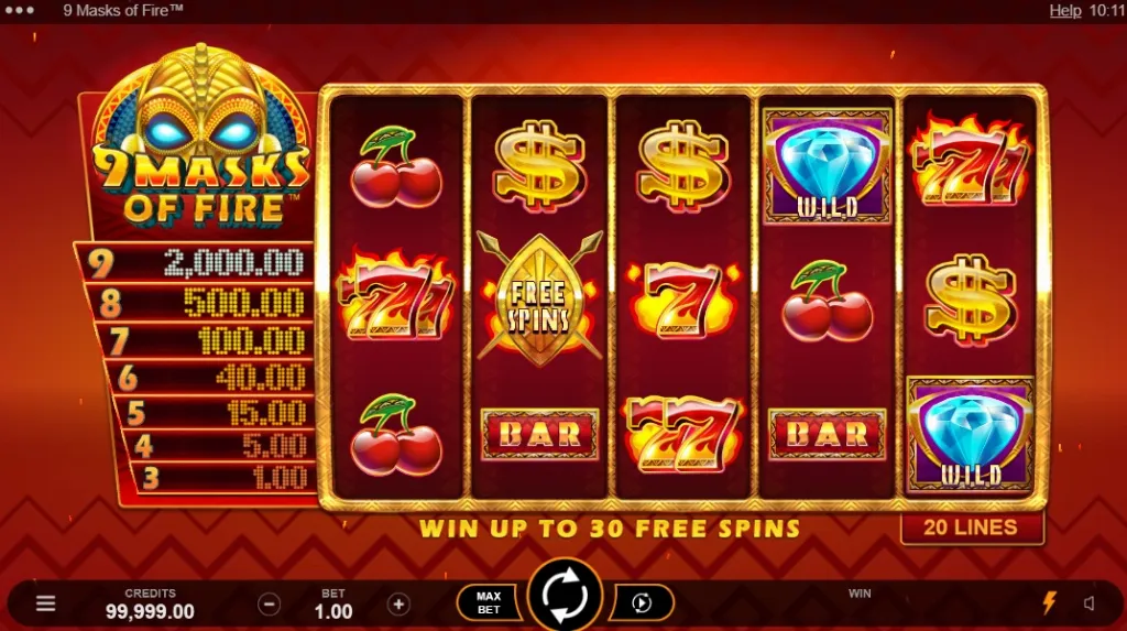 9 Masks of Fire - Slot game screenshot with symbols.