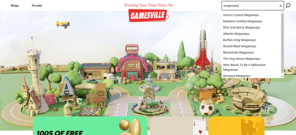 Screenshot of Megaways slot search on Gamesville