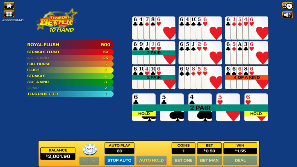 Screenshot of a big win on Tens or Better