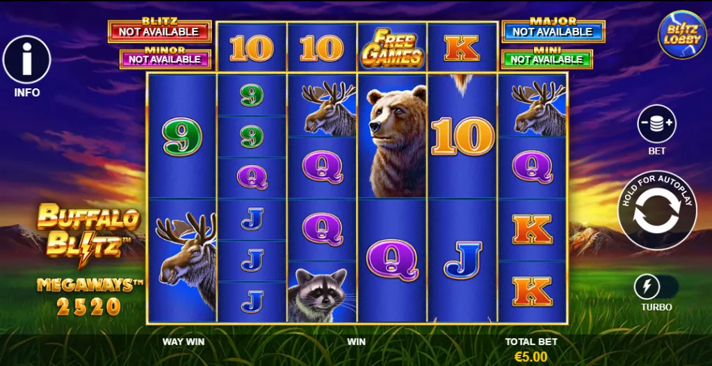 Buffalo Blitz - Slot game interface with animals.