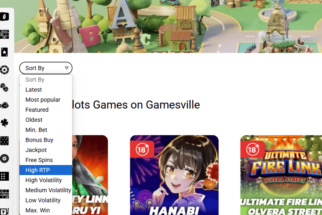 gamesville main menu sort