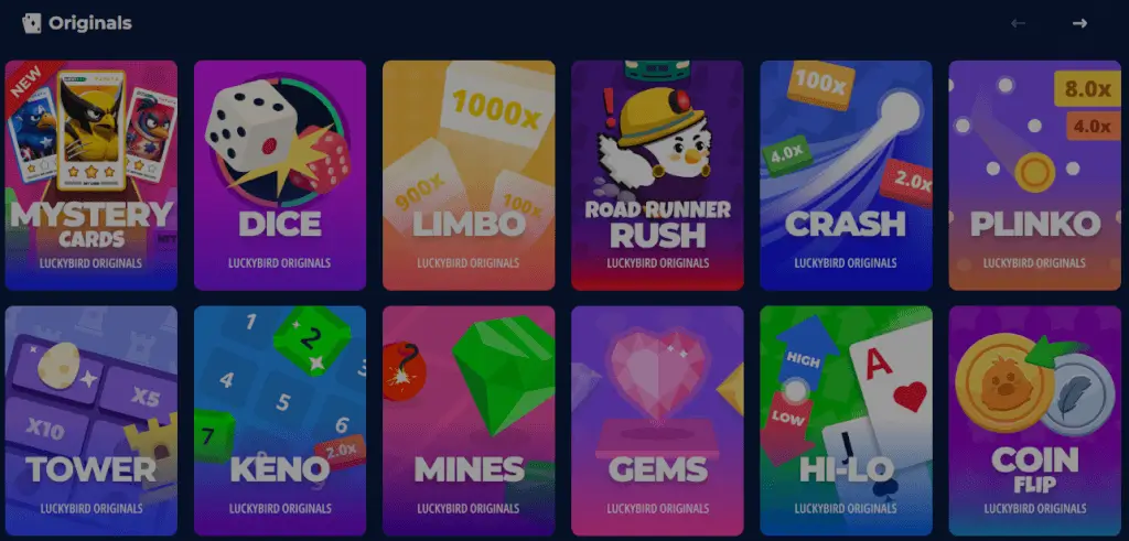 Luckybird Originals - Banner with game thumbnails.