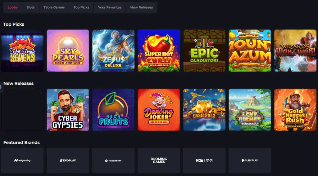 Casino Games - Banner with top picks displayed.
