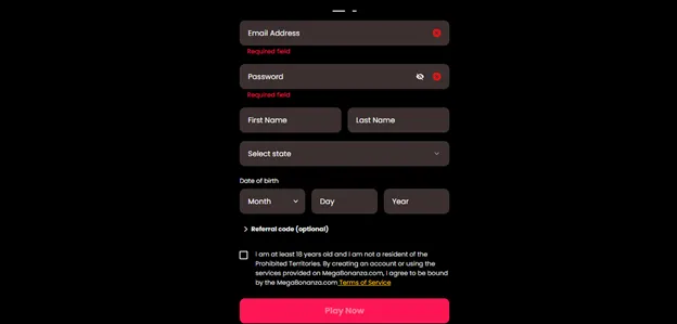registration for account at mega bonanza