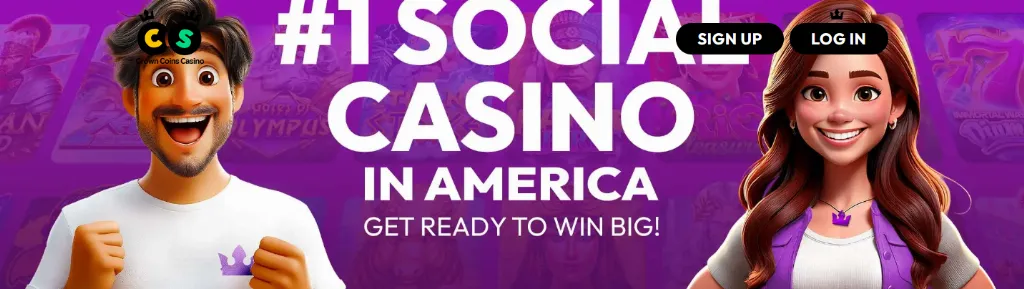crowncoins casino - Banner with characters smiling.