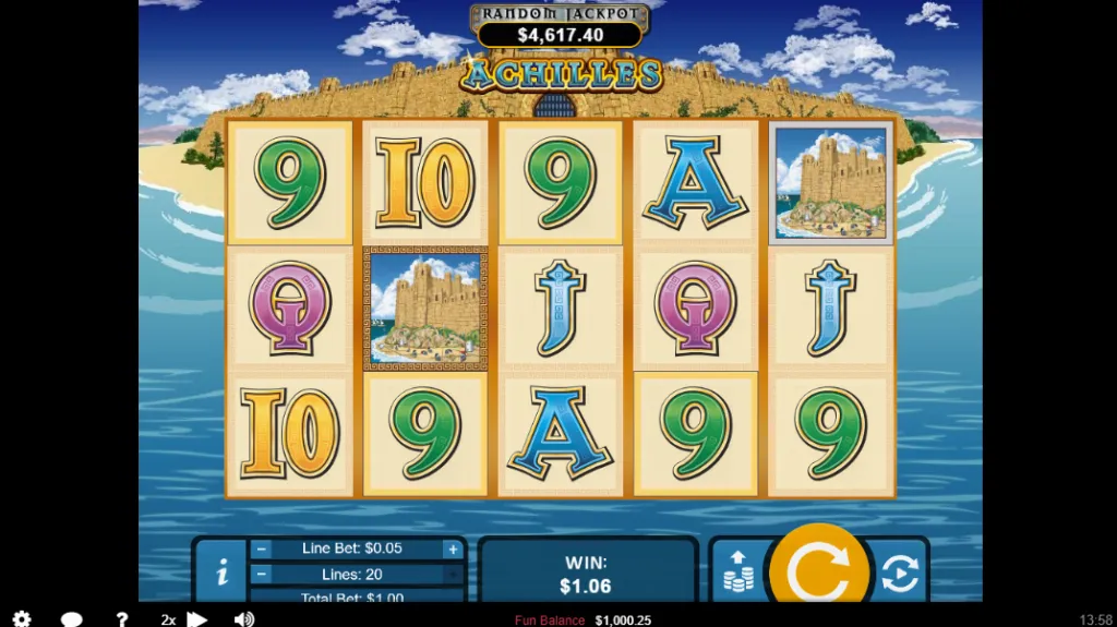 Achilles - Slot game interface with colorful symbols.