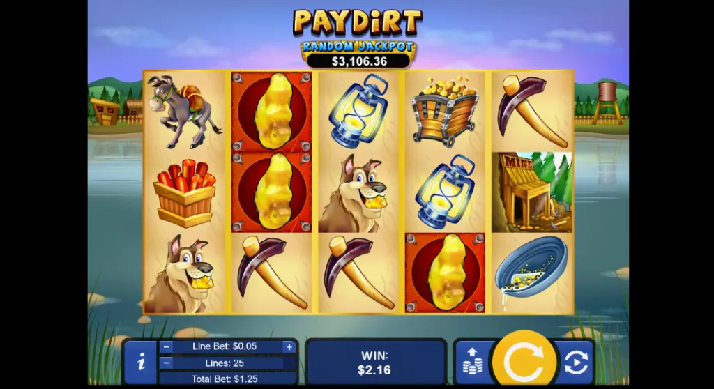 PayDirt - Slot game screenshot with mining theme.