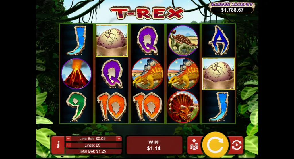 T-Rex - Slot game screenshot with dinosaur symbols.