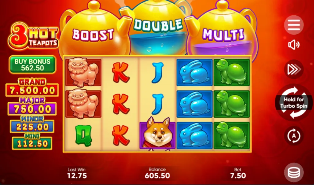 3 Hot Teapots - Game screenshot with colorful symbols.
