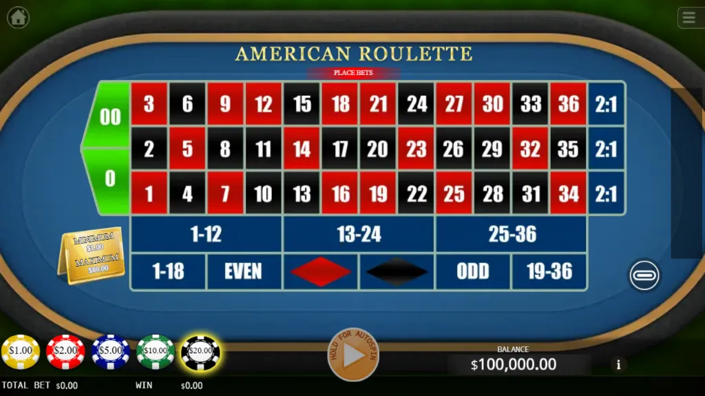 screenshot of american roulette table game