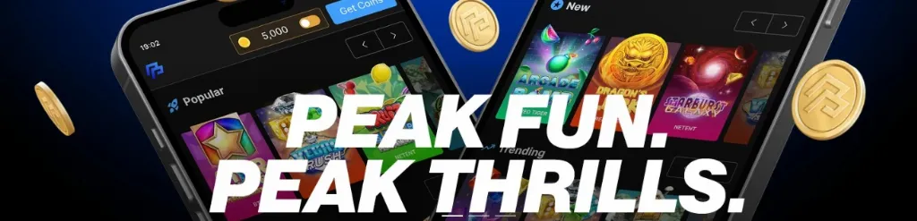 Peak Play - Banner with gaming graphics and coins.