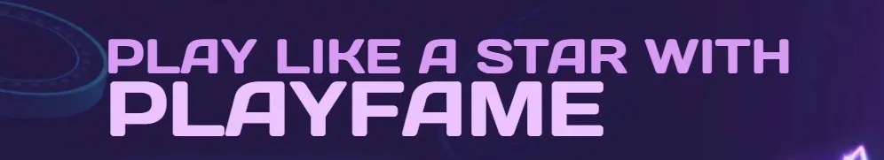 Playfame - Banner with purple background text.