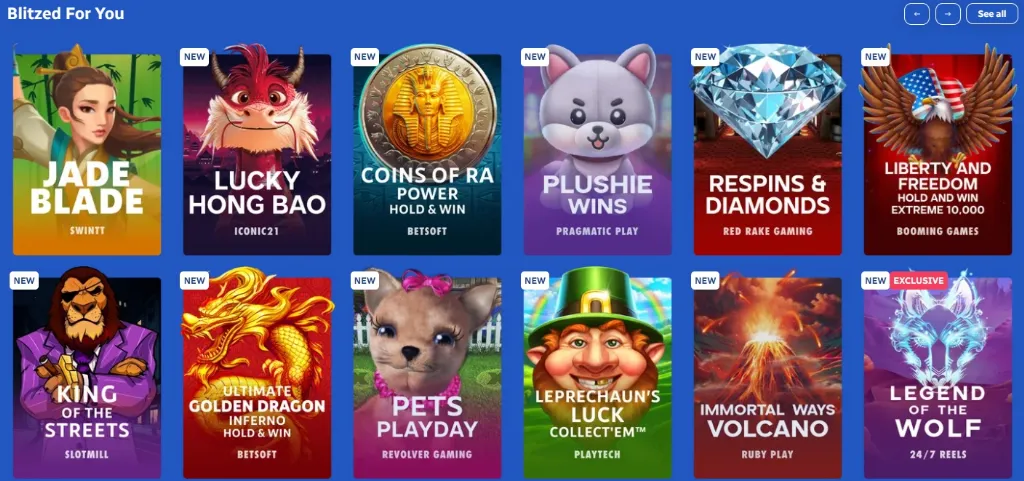 Spinblitz Slots - Banner with various game icons.