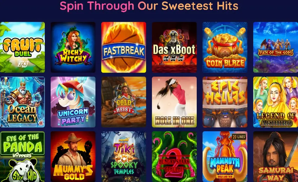 Grid of GummyPlay slot games including titles like Fruit Duel, Richy Witchy, Das xBoot, Unicorn Party, Mummy’s Gold, and Samurai Way under 'Spin Through Our Sweetest Hits' banner