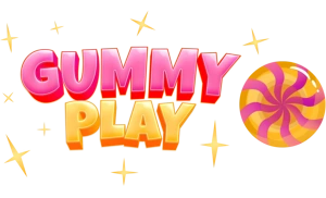 GummyPlay logo with pink and yellow stylized text, surrounded by sparkles and a swirled candy icon