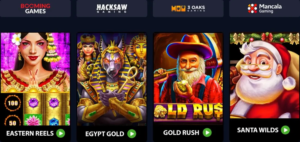 VegasCoins Games lobby featuring slot titles Eastern Reels, Egypt Gold, Gold Rush, and Santa Wilds from providers like Booming Games, Hacksaw Gaming, 3 Oaks, and Mancala Gaming