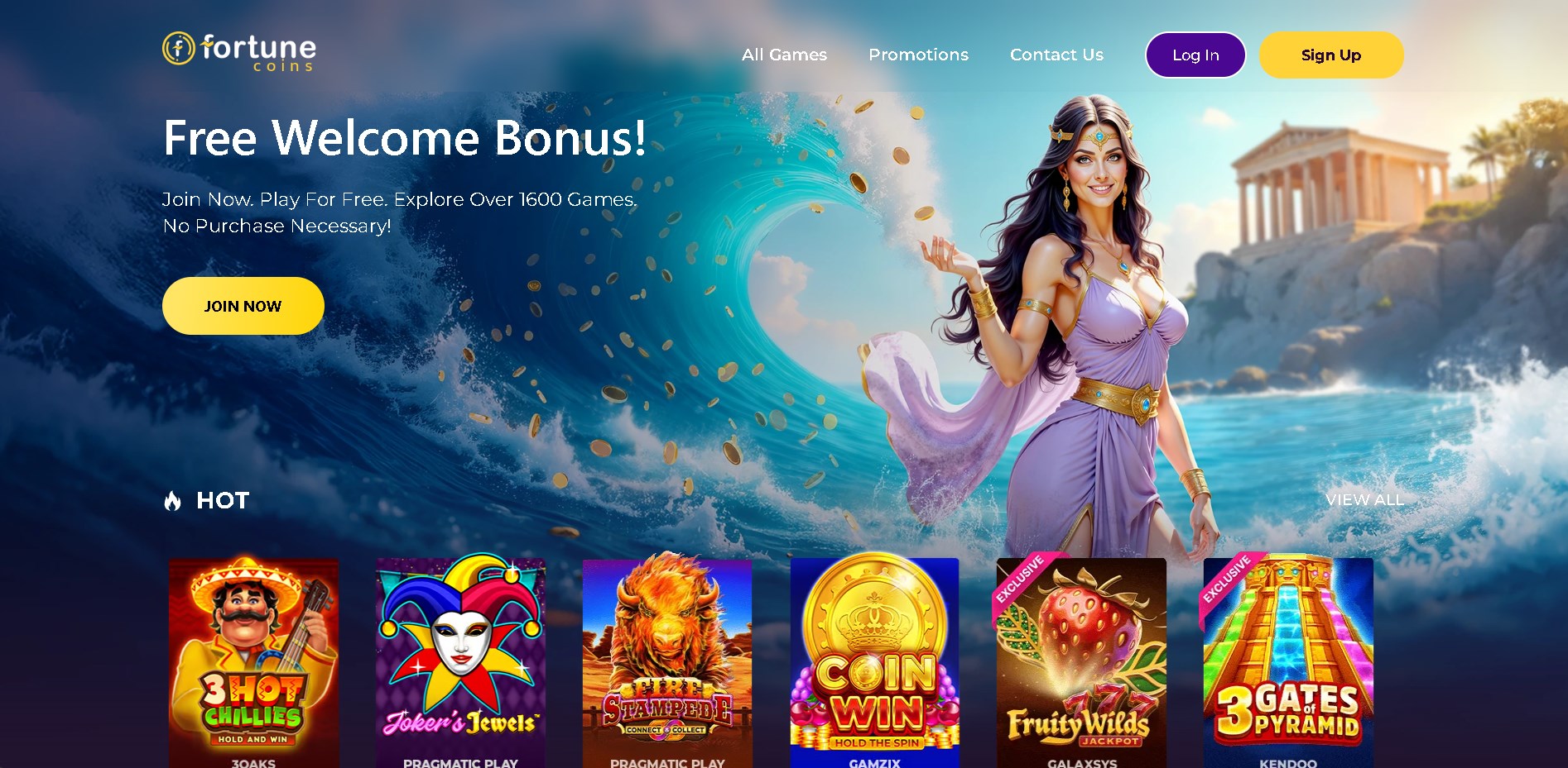 Fortune Coins Casino homepage featuring a free welcome bonus offer, registration buttons, and a goddess character by the sea, with hot slot games displayed below.