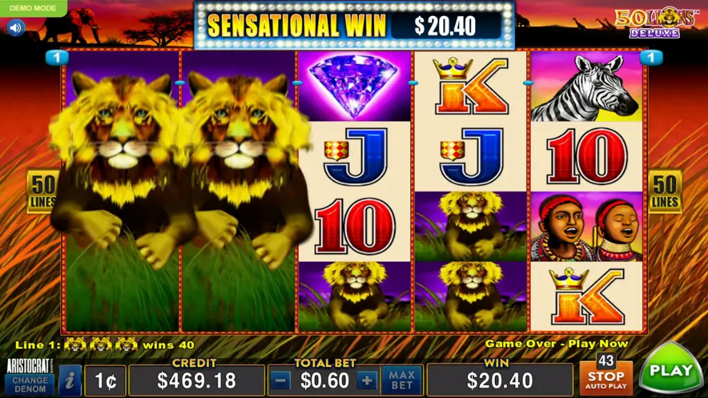 50 Lions - Slot Game Screenshot with Big Win