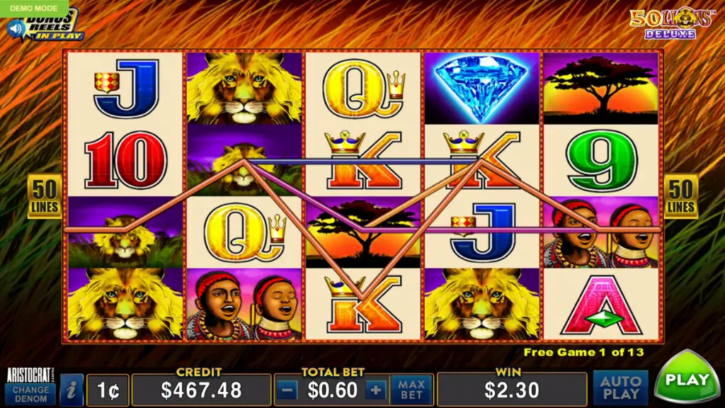 50 Lions - Slot Game screenshot with bonus features.