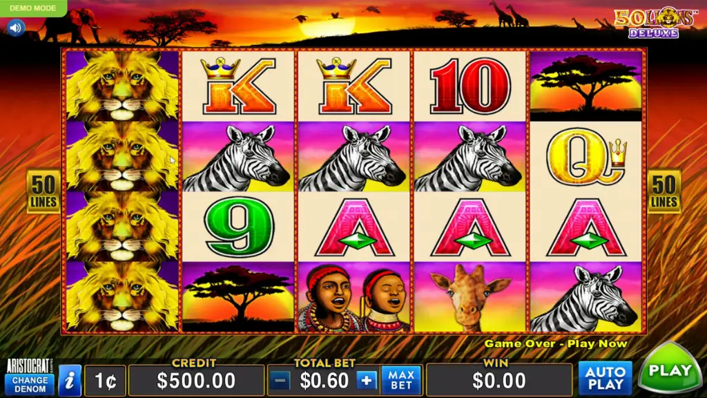 50 Lions - Slot Game with lions and zebras.