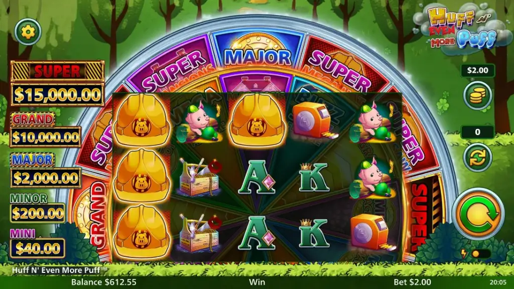 Huff N' Even More Puff slot base game with 5x3 reel grid, construction hats, pig characters, and jackpot prize display showing mini, minor, major, grand, and super jackpots.