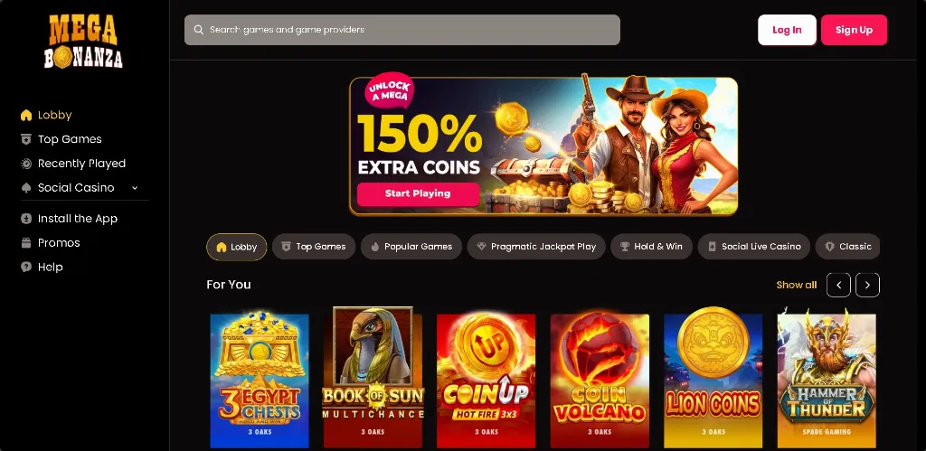 Mega Bonanza online casino homepage featuring a 150% extra coins promotion, lobby navigation menu, and top recommended slot games like Egypt Chests, Book of Sun Multichance, Coin Up, Coin Volcano, Lion Coins, and Hammer of Thunder.