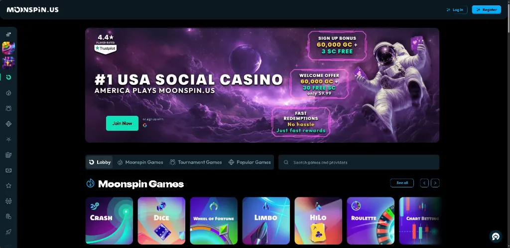 Moonspin.us homepage featuring #1 USA social casino banner with astronaut, sign up bonus, fast redemption offer, and main navigation. Display of Moonspin Games such as Crash, Dice, Wheel of Fortune, Limbo, HiLo, Roulette, and Chart Betting.