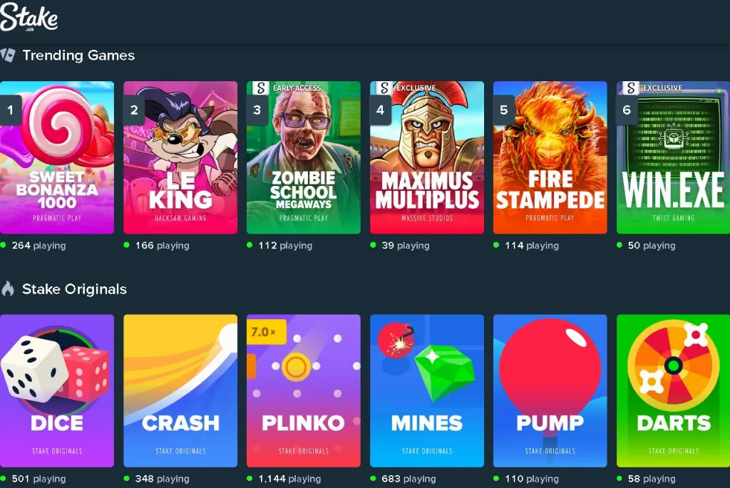 Stake.us homepage showing trending online casino games and Stake Originals including Dice, Crash, Plinko, Mines, Pump, and Darts, with game popularity indicated by number of players.