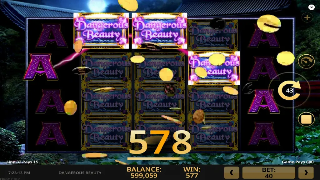 Dangerous Beauty - Slot Game with big win display.