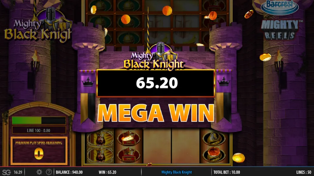 Mighty Black Knight - slot screenshot with mega win display.