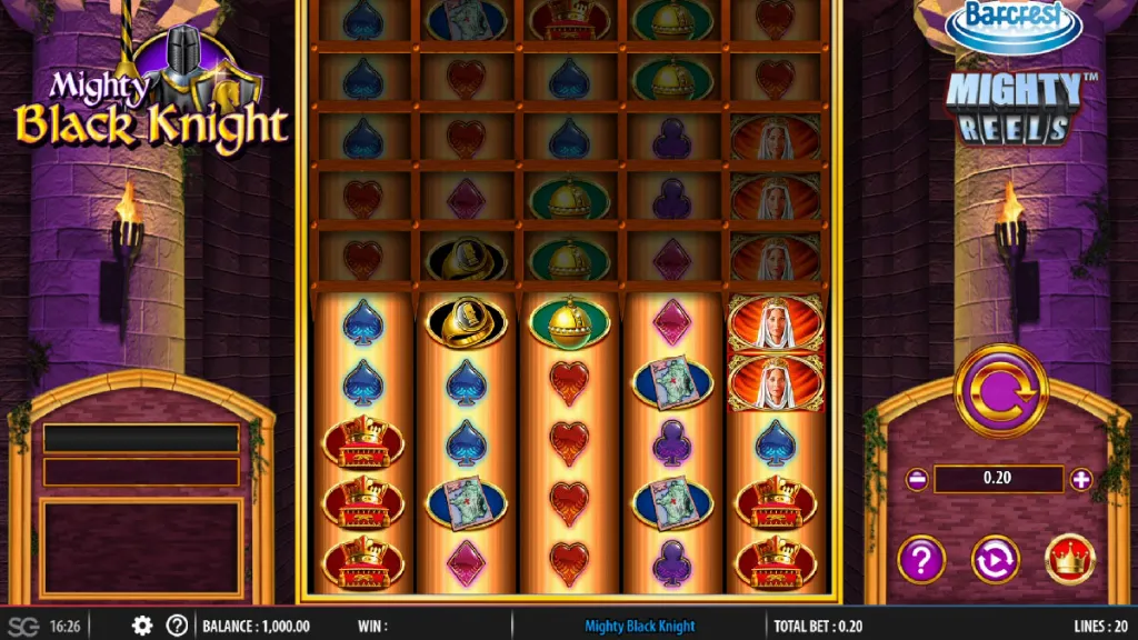 Mighty Black Knight - Slot game with colorful reels.