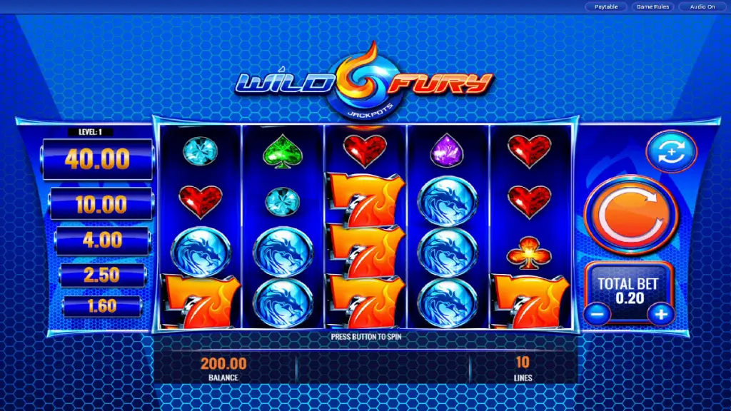 Wild Fury - Game Interface with slot reels and symbols.