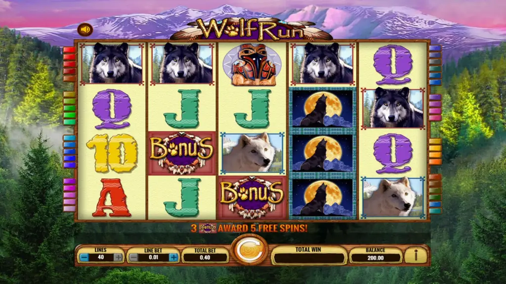 Wolf Run - Game screenshot with wolf symbols.