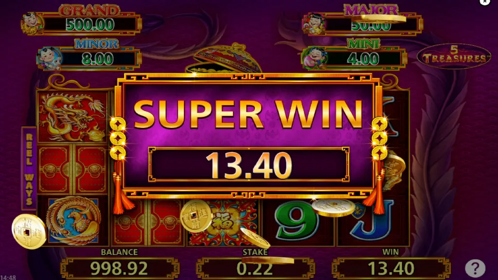 5 Treasures slot Super Win screen showing payout celebration with coins and rewards.