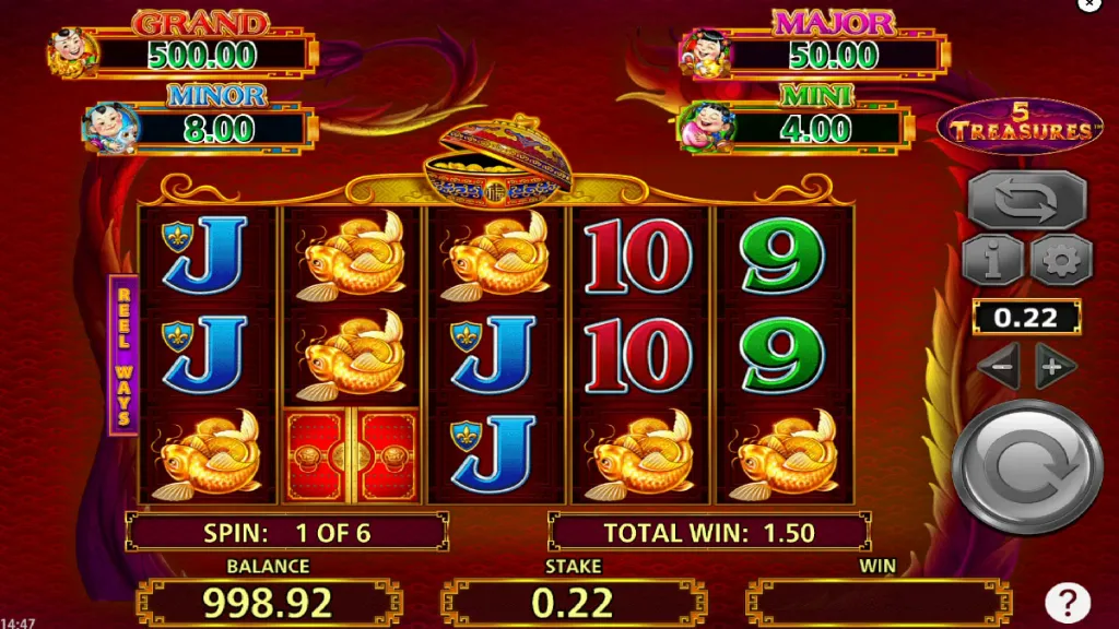 5 Treasures slot bonus round with golden fish symbols and active spins displayed.