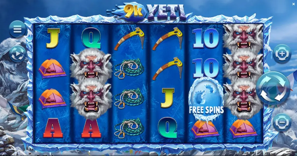 9k Yeti slot game with snow-covered reels showing yeti symbols, climbing gear, and tents in a mountain expedition theme.