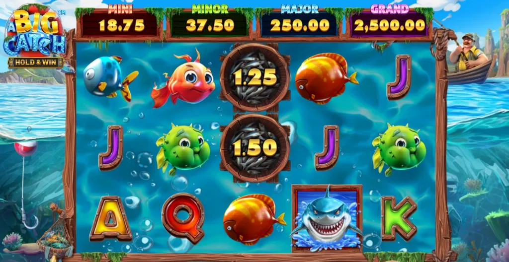 Underwater-themed A Big Catch slot with cartoon fish symbols and a cheerful fisherman.