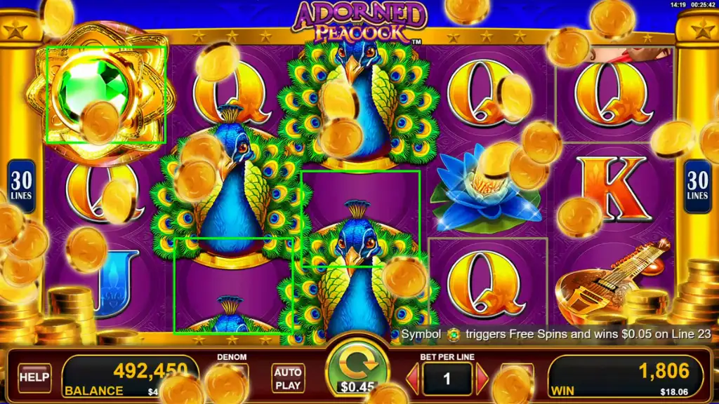 Adorned Peacock slot big win celebration with cascading coins and peacock icons