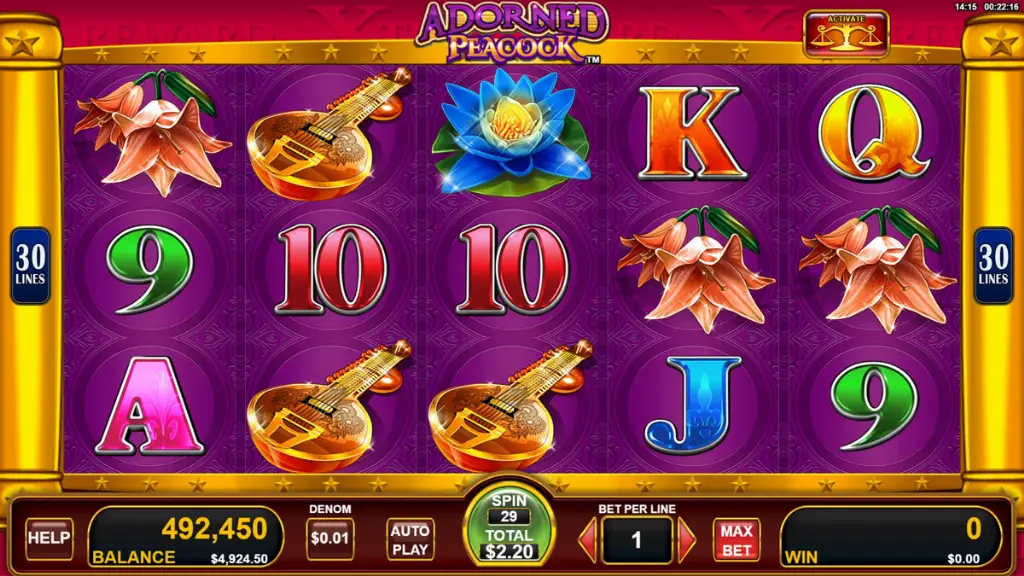 Free spins feature in progress on Adorned Peacock slot with vibrant lotus and guitar symbols