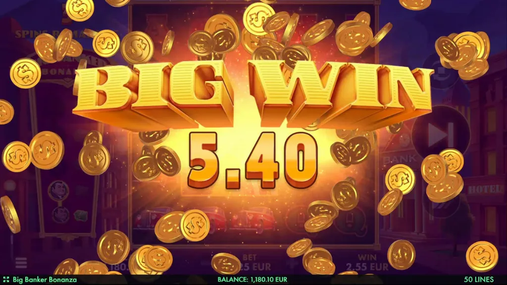 Big Banker Bonanza slot Big Win screen with golden coins flying and a 5.40 prize displayed.