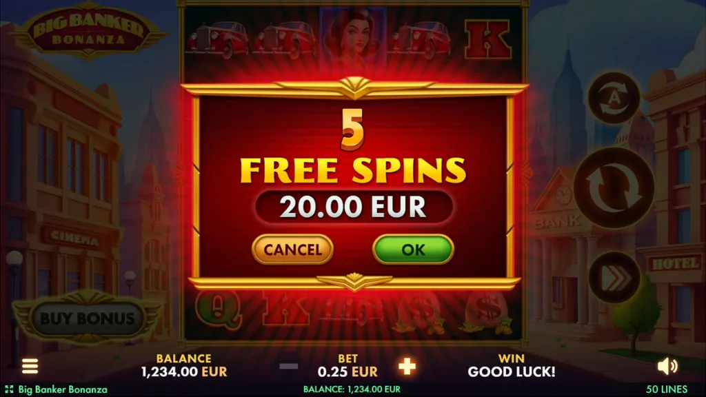 Big Banker Bonanza slot buy feature screen offering 5 free spins for 20.00 EUR.