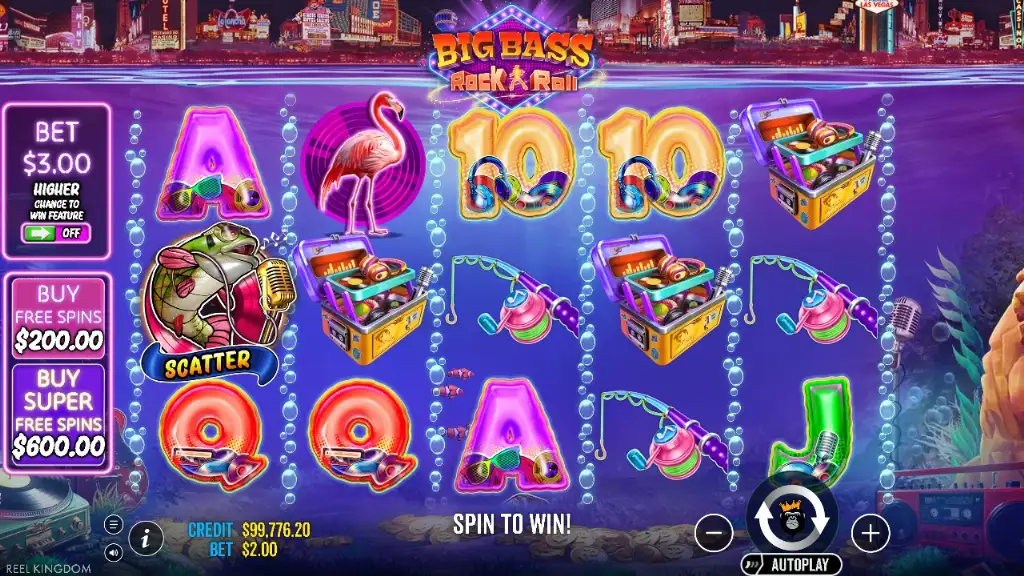 Big Bass Rock and Roll slot with neon fishing gear, scatter symbol, and vibrant retro Las Vegas-inspired visuals.
